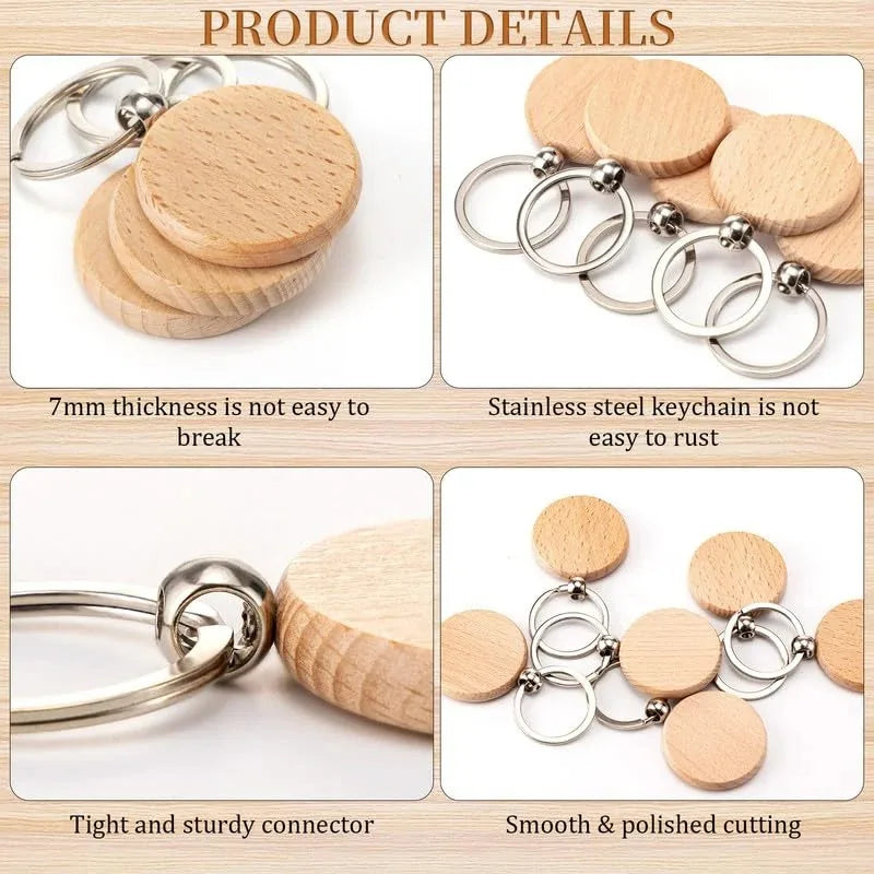 100pcs round wooden key ring portable beech keychain - chain