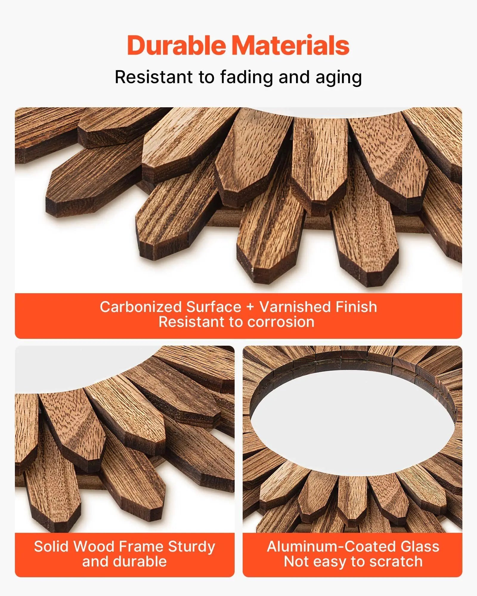 Wall mirror decorative 12’’ rustic wood sunburst design boho aesthetic for bedroom living room bathroom entryway decor