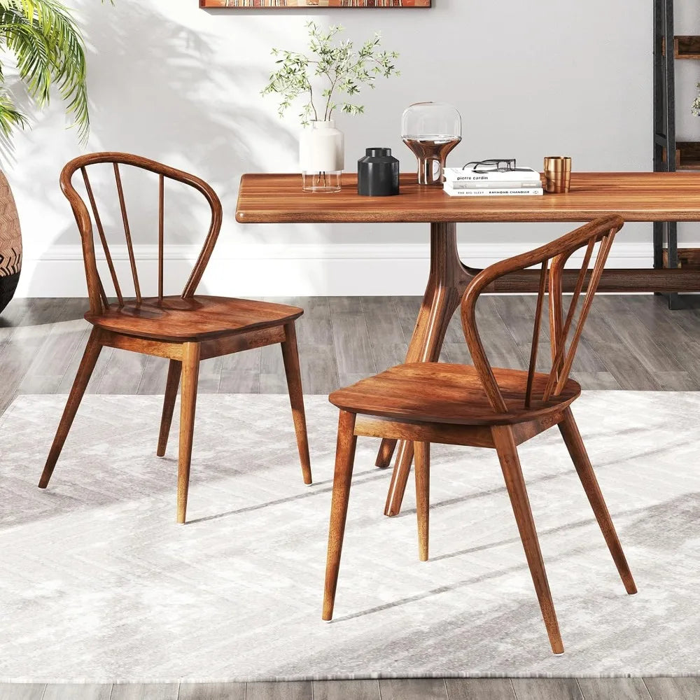 Wooden dining chairs set of 2 windsor kitchen w/high spindle back & rubber wood legs wide seat curved backres - walnut