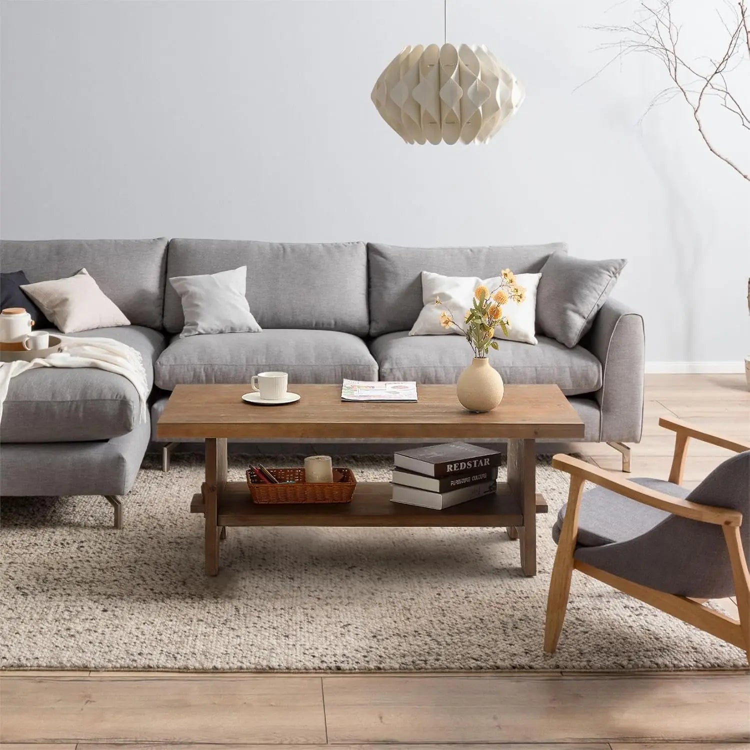 Farmhouse wood coffee table - 43.4” mid century modern wooden tables solid firwood tabletop rectangle