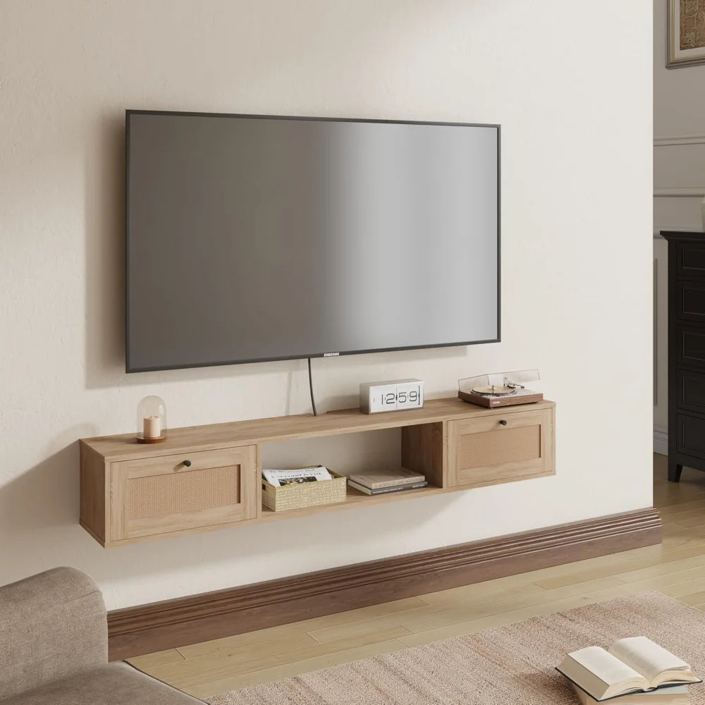 Modern rattan floating tv stand rectangular wall. -mounted with doors entertainment center storage 57 inch