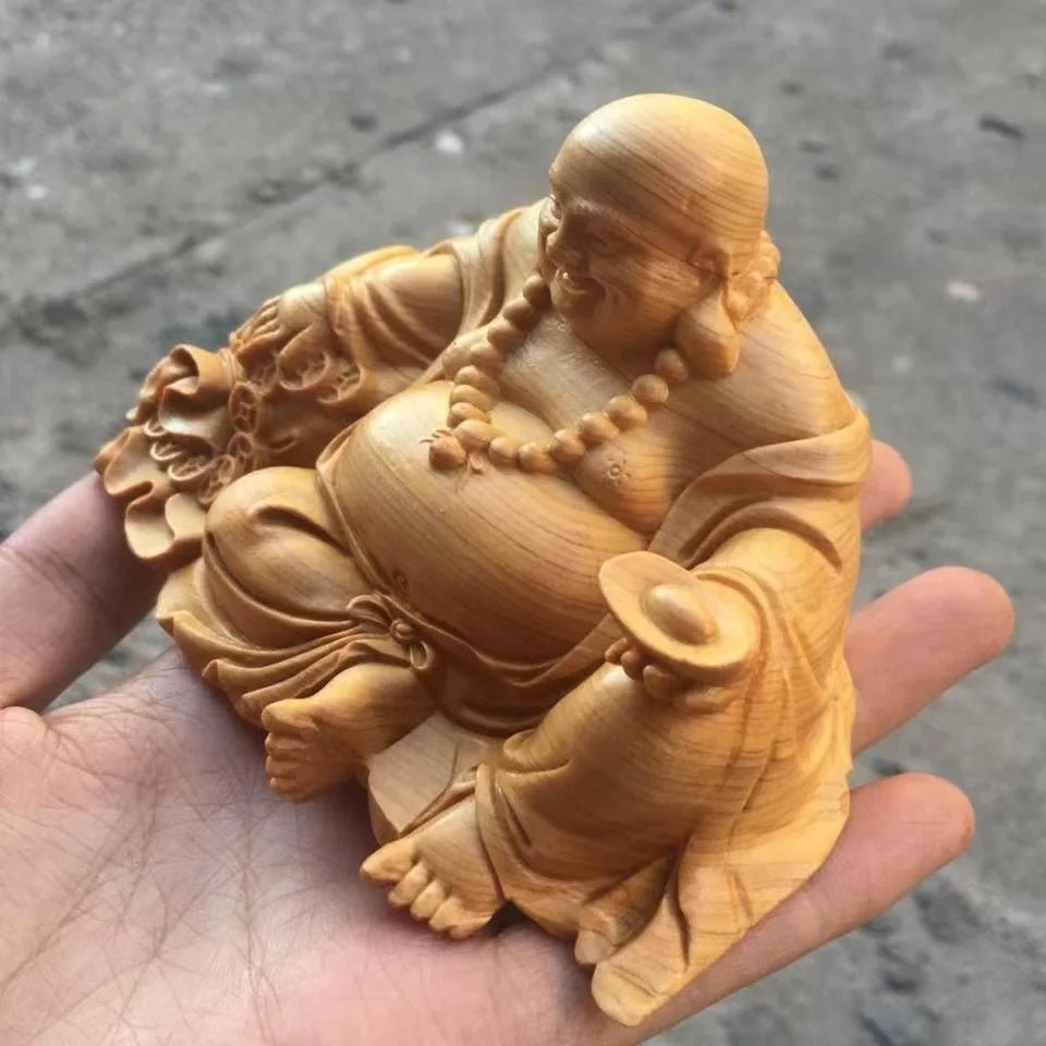 Natural cypress ingot maitreya buddha statue chinese characteristic wood carving home room office god of wealth