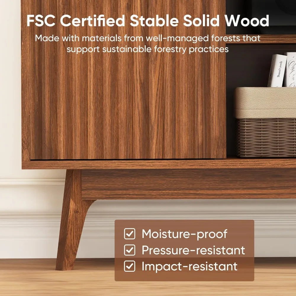 Fluted tv stand for 60 inch modern entertainment center with storage and shelves wood console solid leg