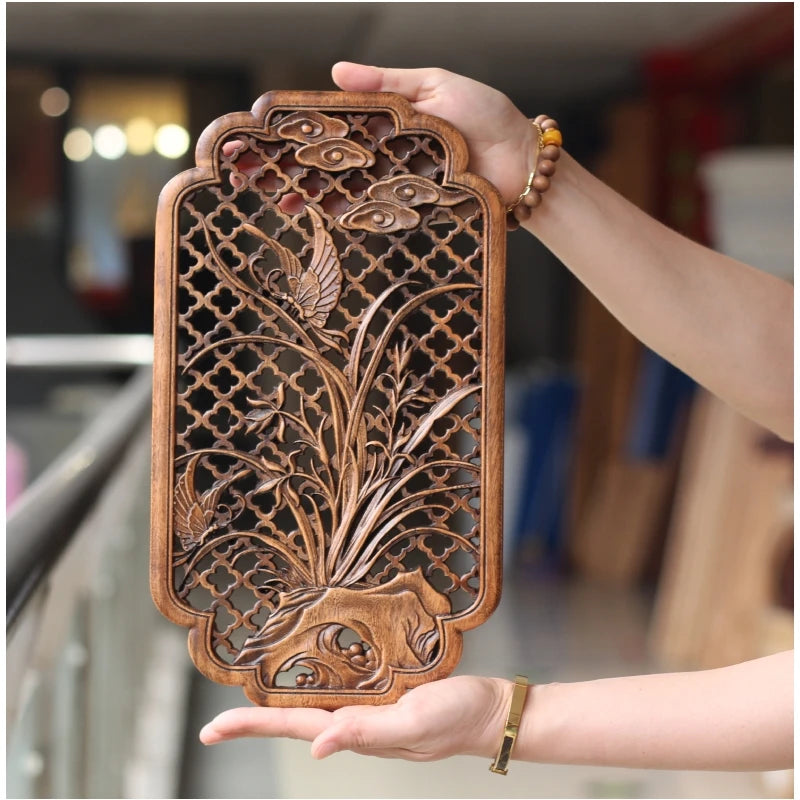 Chinese classical hollow wood carving crafts camphor wall hanging background home decoration height 35cm