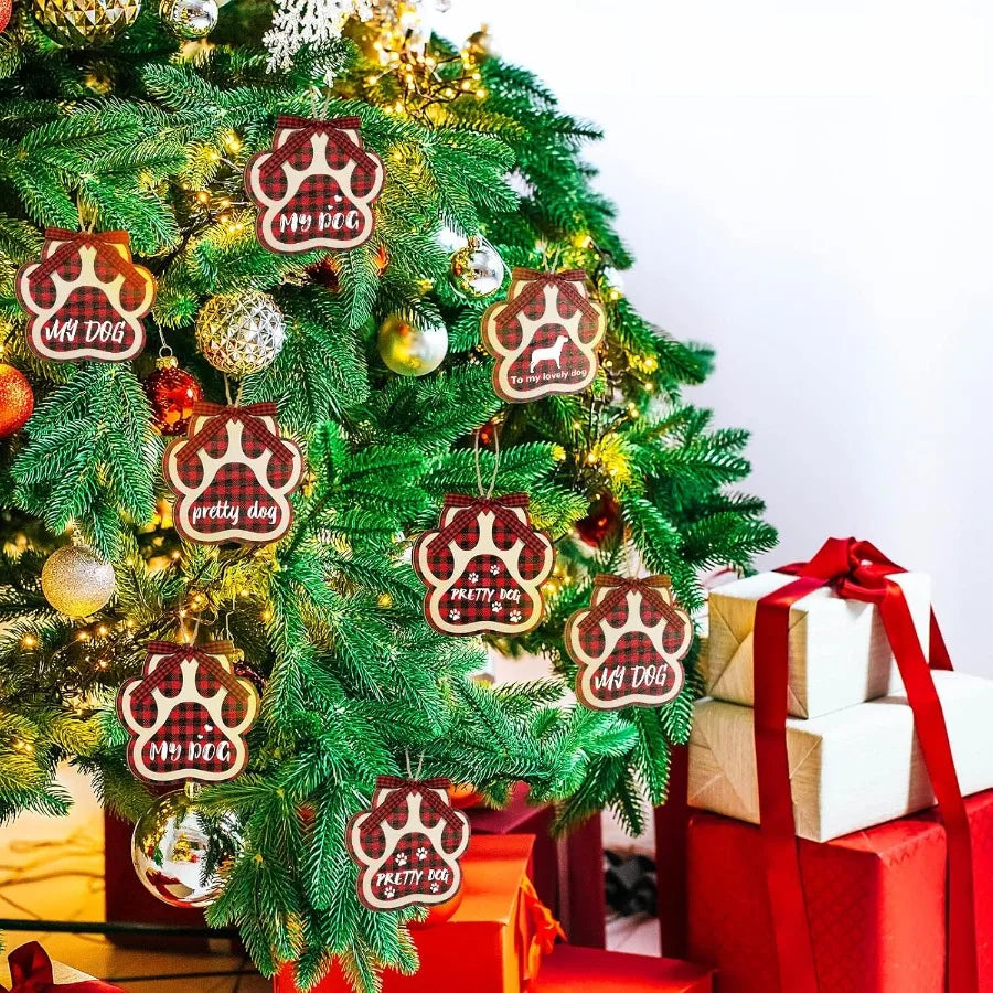 Christmas dog paw wooden ornaments for tree print hanging decoration with bow ties ropes holiday f - united states