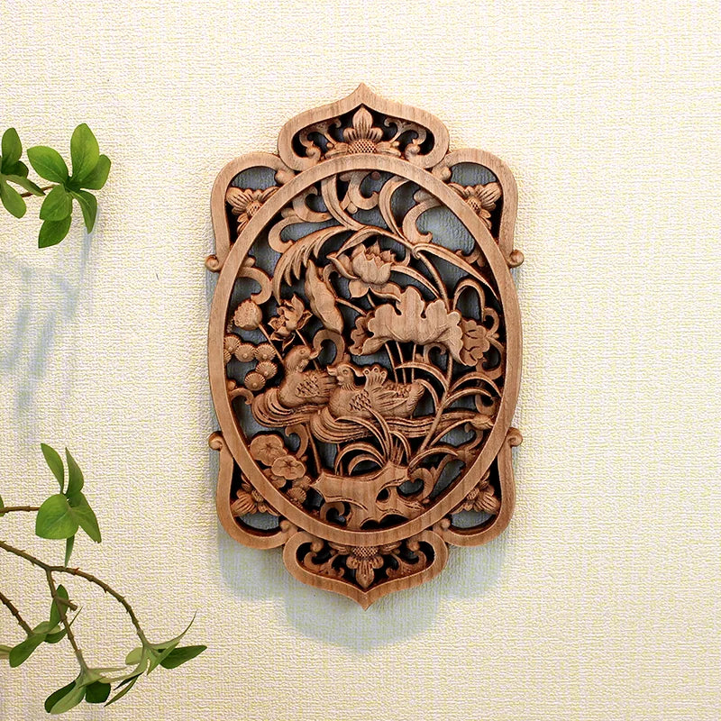 Chinese style wooden wall art camphor wood carving round floral bird decor for living room & bedroom decoration