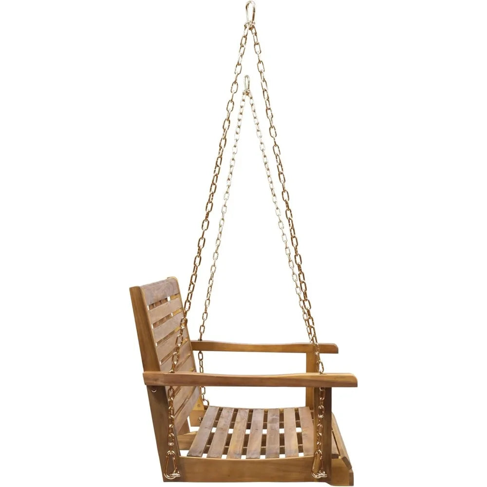 Wooden porch swing 2-seater classic slat design hanging chair with durable acacia frame water-resistant outdoor bench