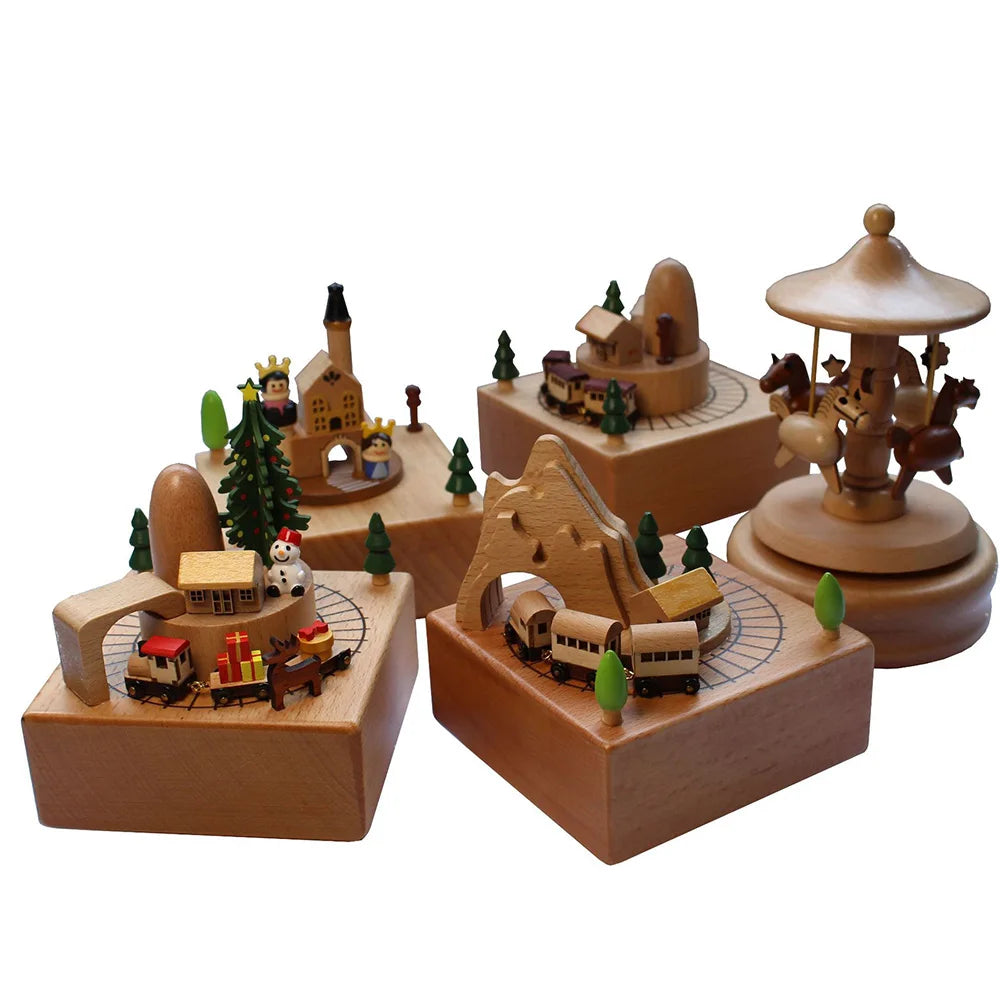 Cottage garden castle car woodgrain wind-up musical figurine wooden creative music box carousel train birthday gifts