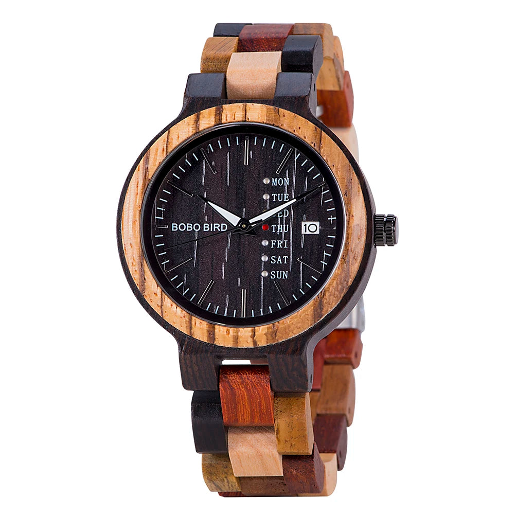 Men’s quartz watch simple fashion new couple wooden bobobird top brand timepieces week date display custom unique gift