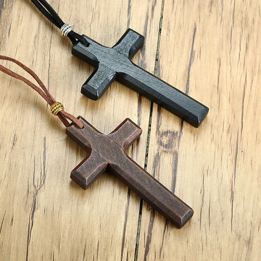Unique wooden cross pendant necklace men black brown 80cm long collar adjustable prayer amulet jewelry homme daily neck