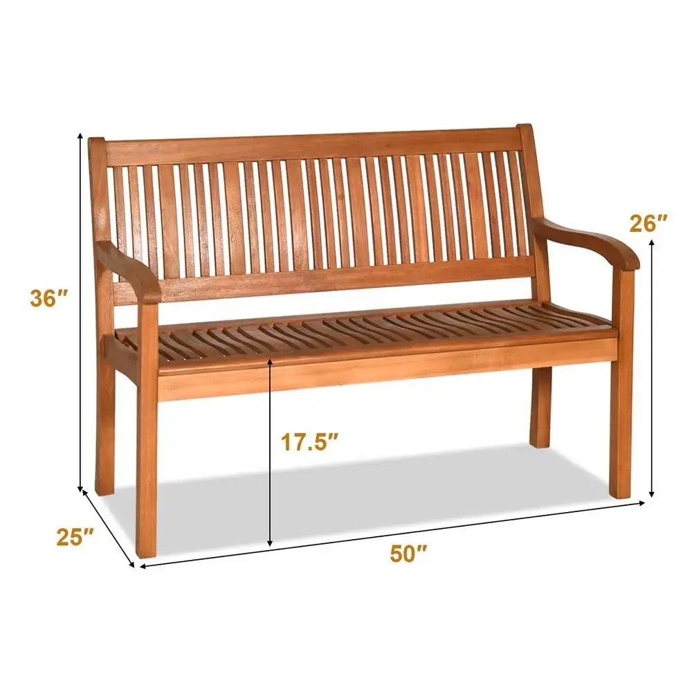 Outdoor solid wood bench two person garden seating with curved backrest wide armrest durable waterproof patio poolside