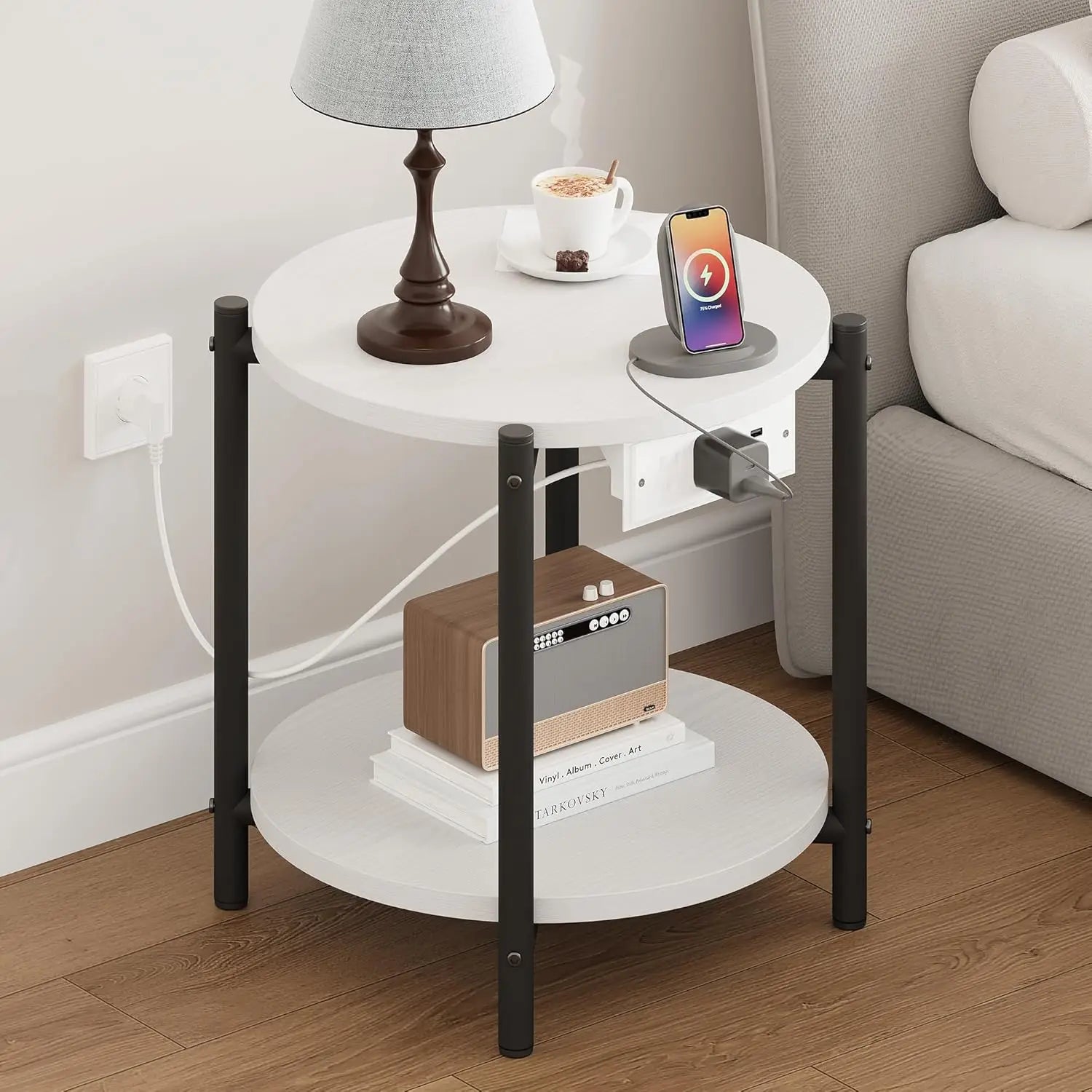 Likimio side table set of 2,15.8’’ w modern wooden nightstand for small spaces round & with charging station,bedroom