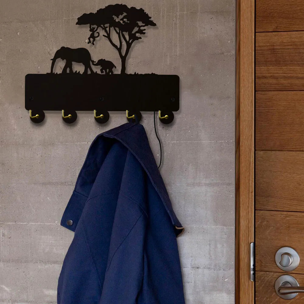 Elephant family handicraft wooden wall decor hanging key holder decorative organizer rack with 5 hooks
