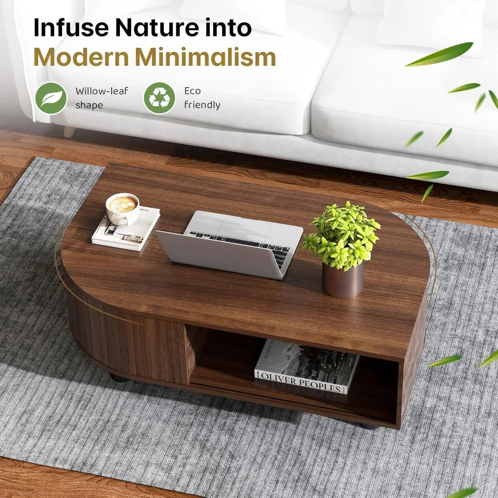 39’’ mid-century leaf coffee table wood storage center w/ fluted sliding door