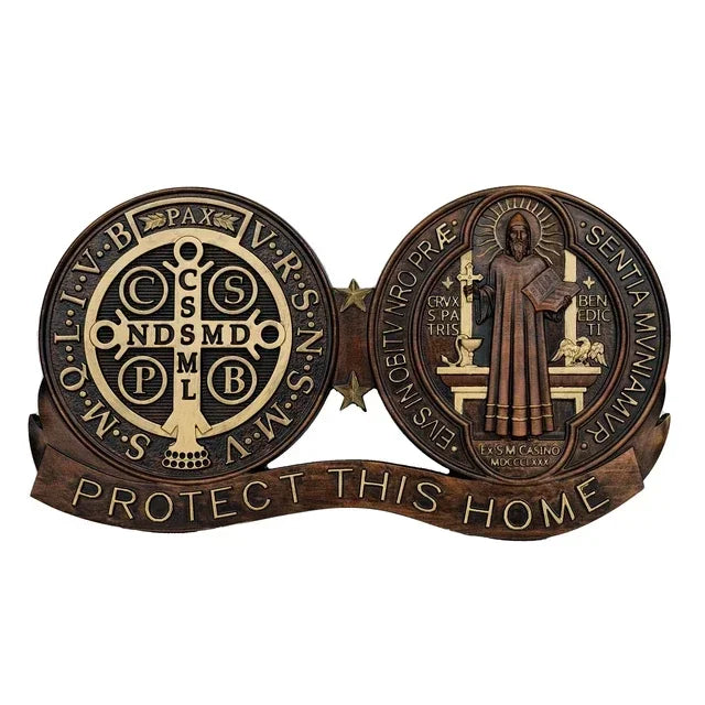 Religious st. Benedict catholic wooden decorations exorcisms family protection medal ornaments - gold / 40cm