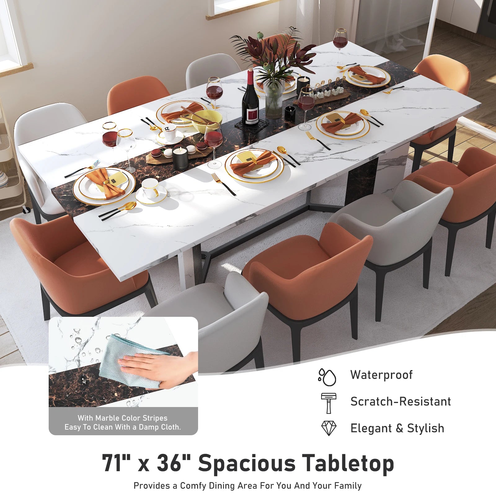71in large rectangular white dining table for 4 5 6 8 10 people family dinner w/marble color wood tabletop metal leg
