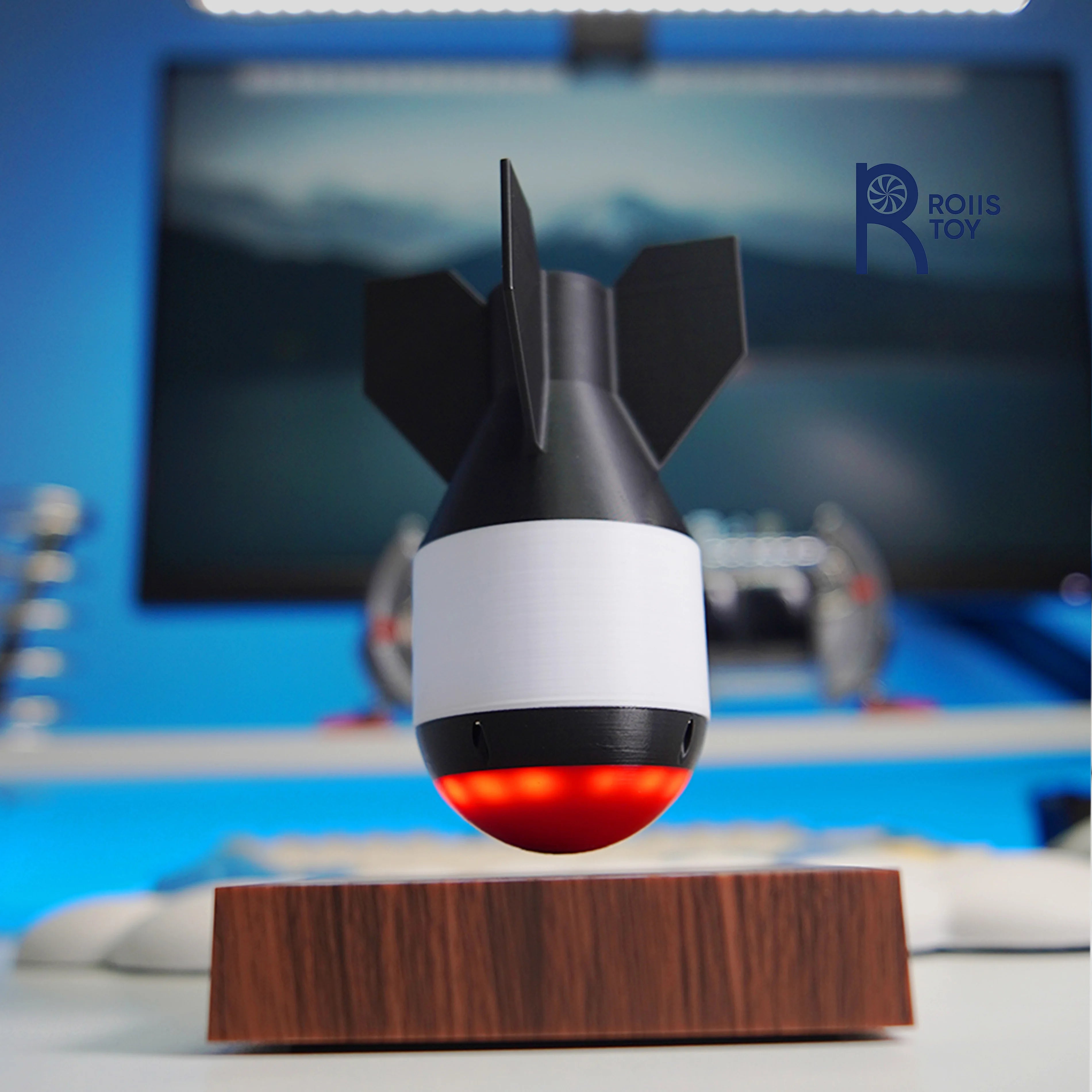 Military style maglev missile model floating on wooden base with red light effect for office desk dark decor collection