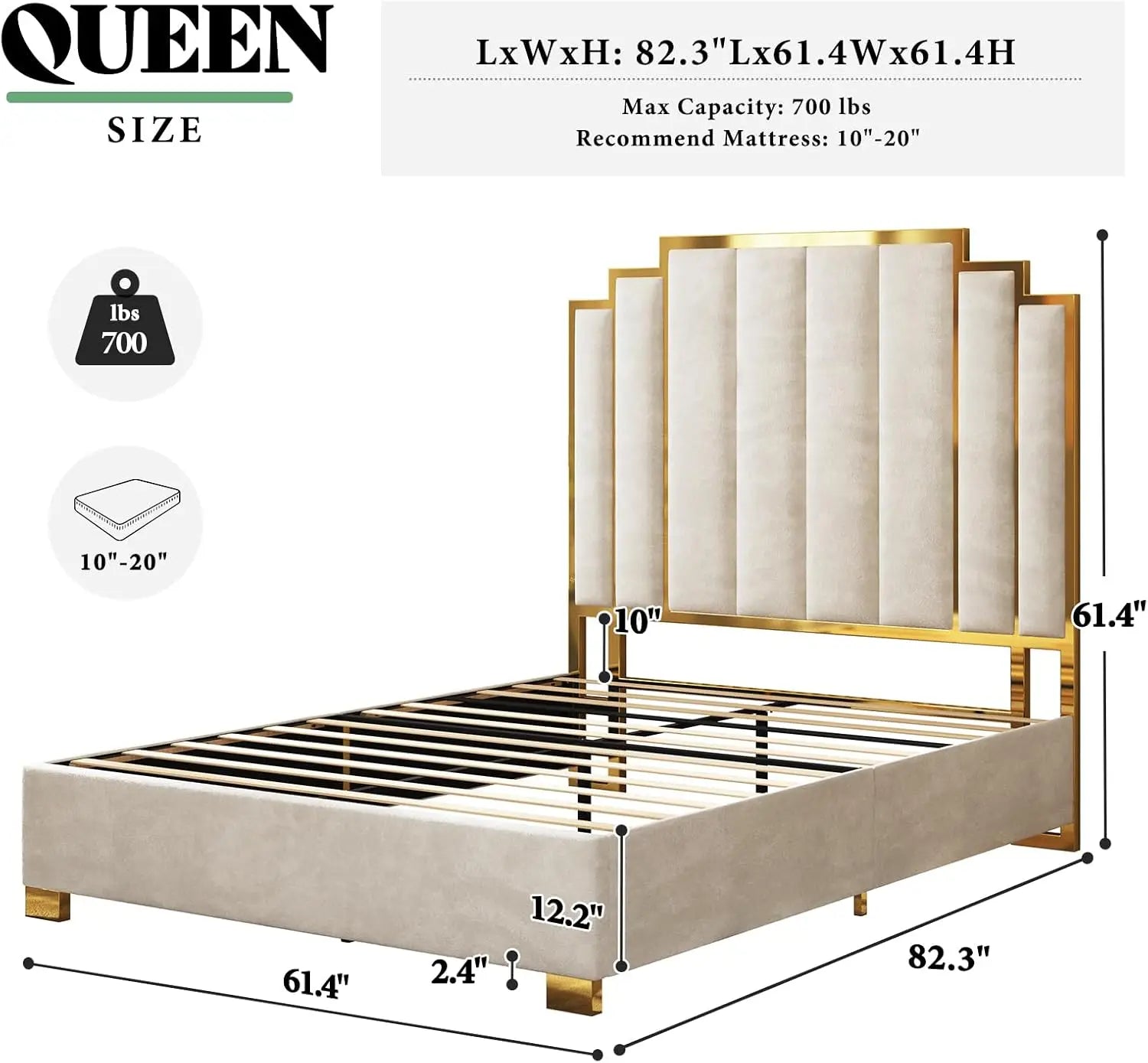 Upholstered bed modern velvet frame with 61.4\u201d tall gold trim headboard no box spring needed cream - queenblack