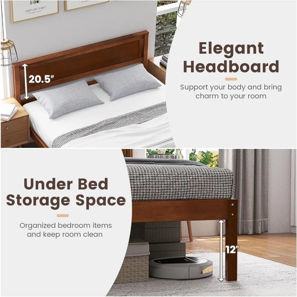 Komfott full size wood platform bed frame with headboard solid slat support 7-leg under stora - united states / walnut