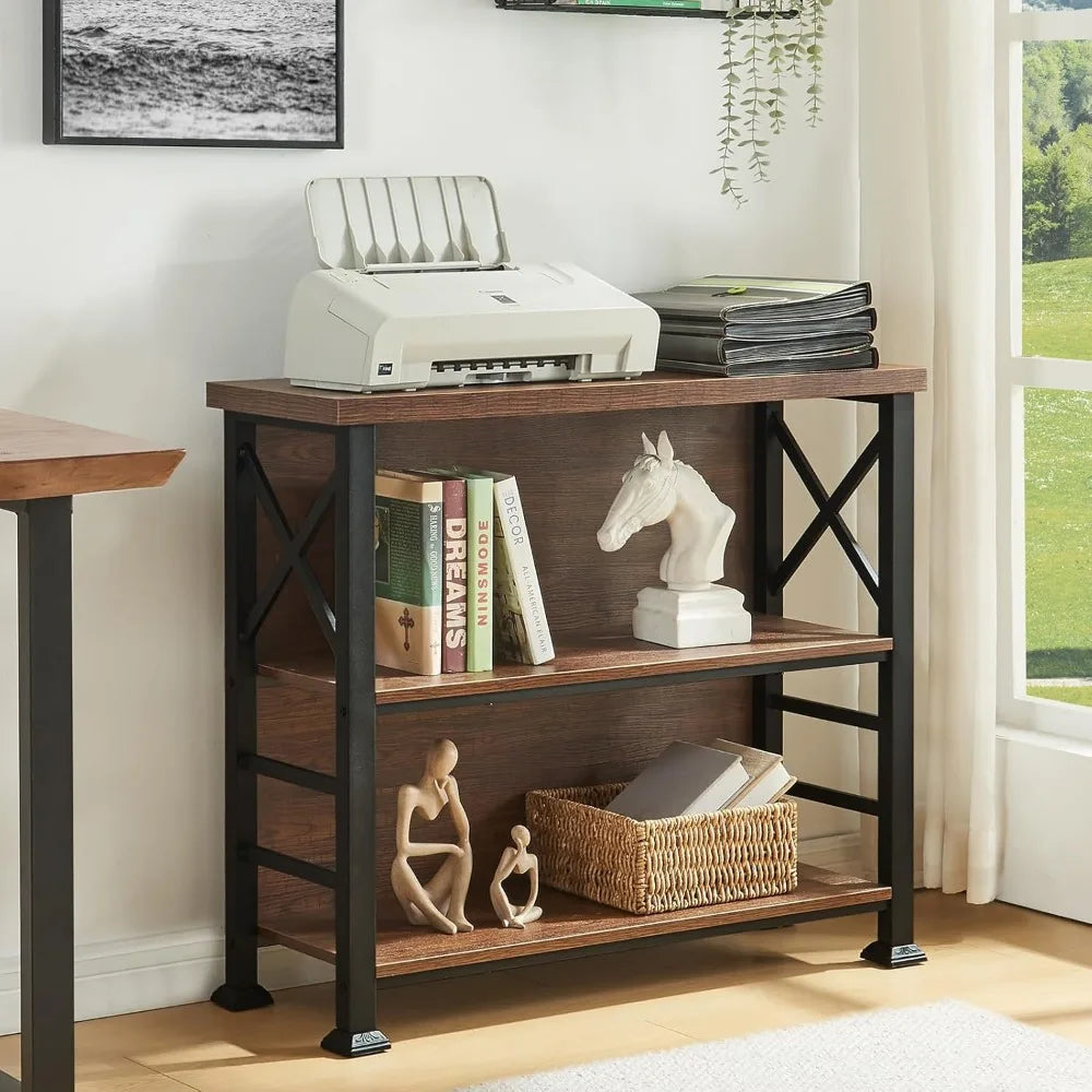 Hombazaar book shelf,3 tier small bookshelf with metal frame and backboard,rustic brown deep bookcase engineered wood