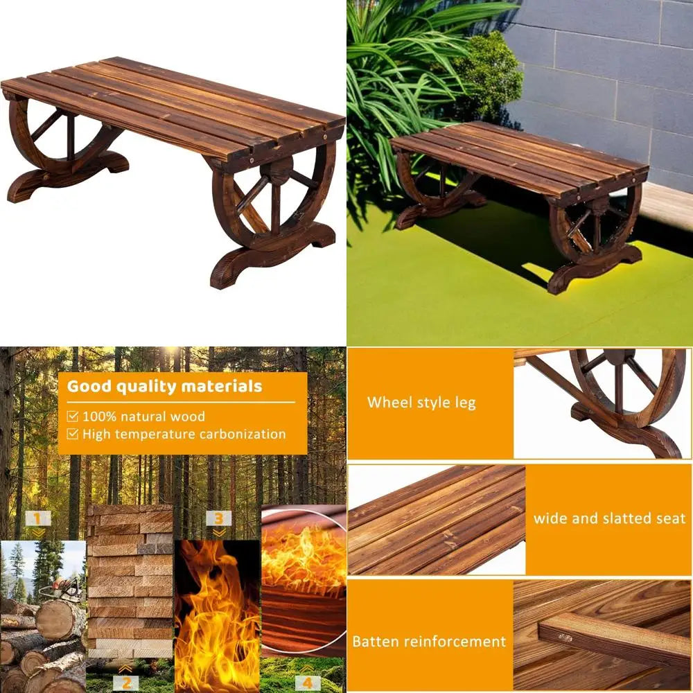 Outvita wooden garden bench outdoor rustic wagon wheel with carbonized finish & fir construction for porch backyar