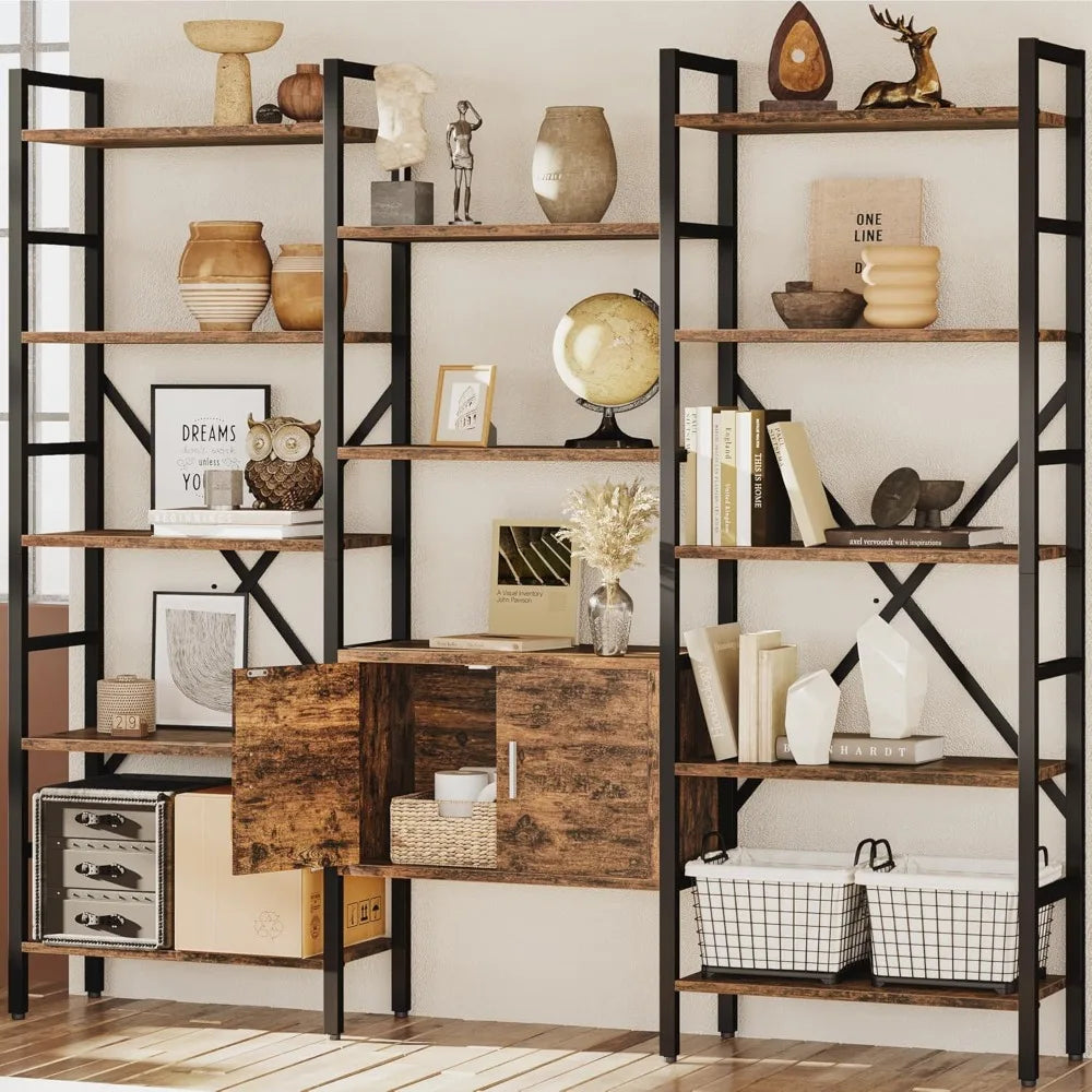 Large industrial-style tall bookshelf with storage cabinet & open shelves