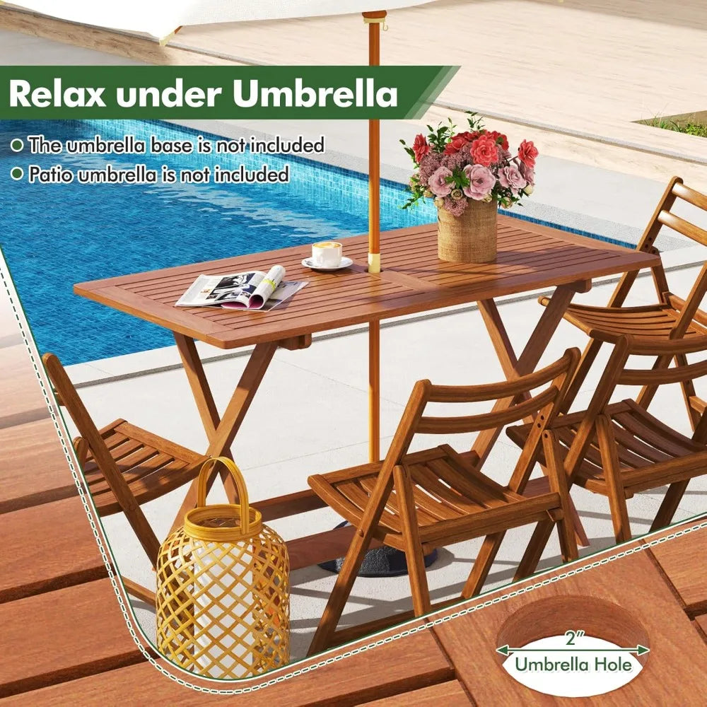 Outdoor dining table solid wood long tables with 2’’ umbrella hole & x-shaped support legs patio for porch balcon