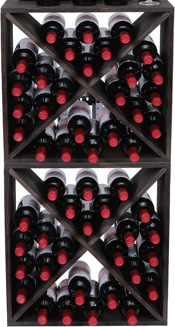 Racks countertop solid wood stackable storage rustic retro cube 48-bottle wooden wine rack cabinet(48bottleblack)