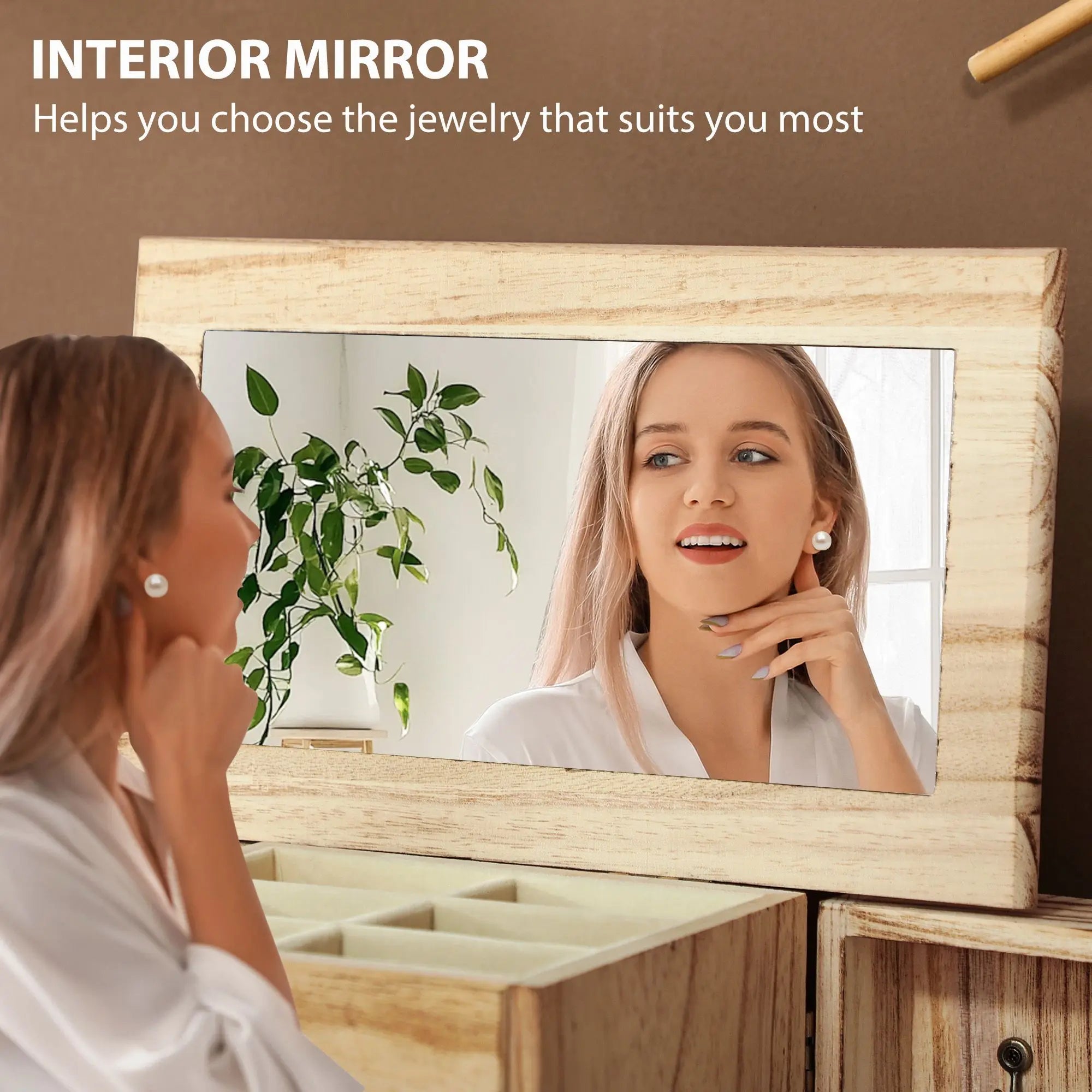 For 4-tier wooden jewelry box for women organizer with mirror and 2 drawers rings earrings necklaces brown - united