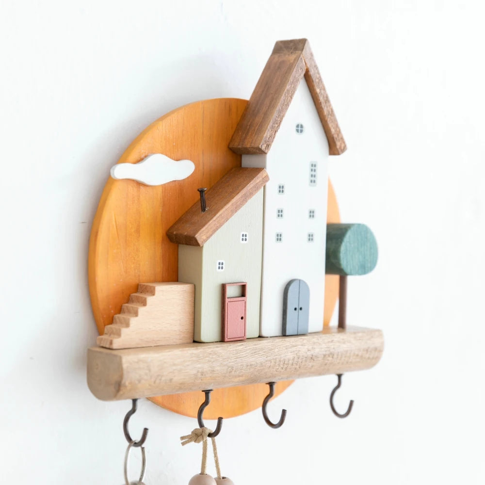 Cute art wooden key hook wall decorative shelf jewelry hat clothes towel small items storage home room decoration