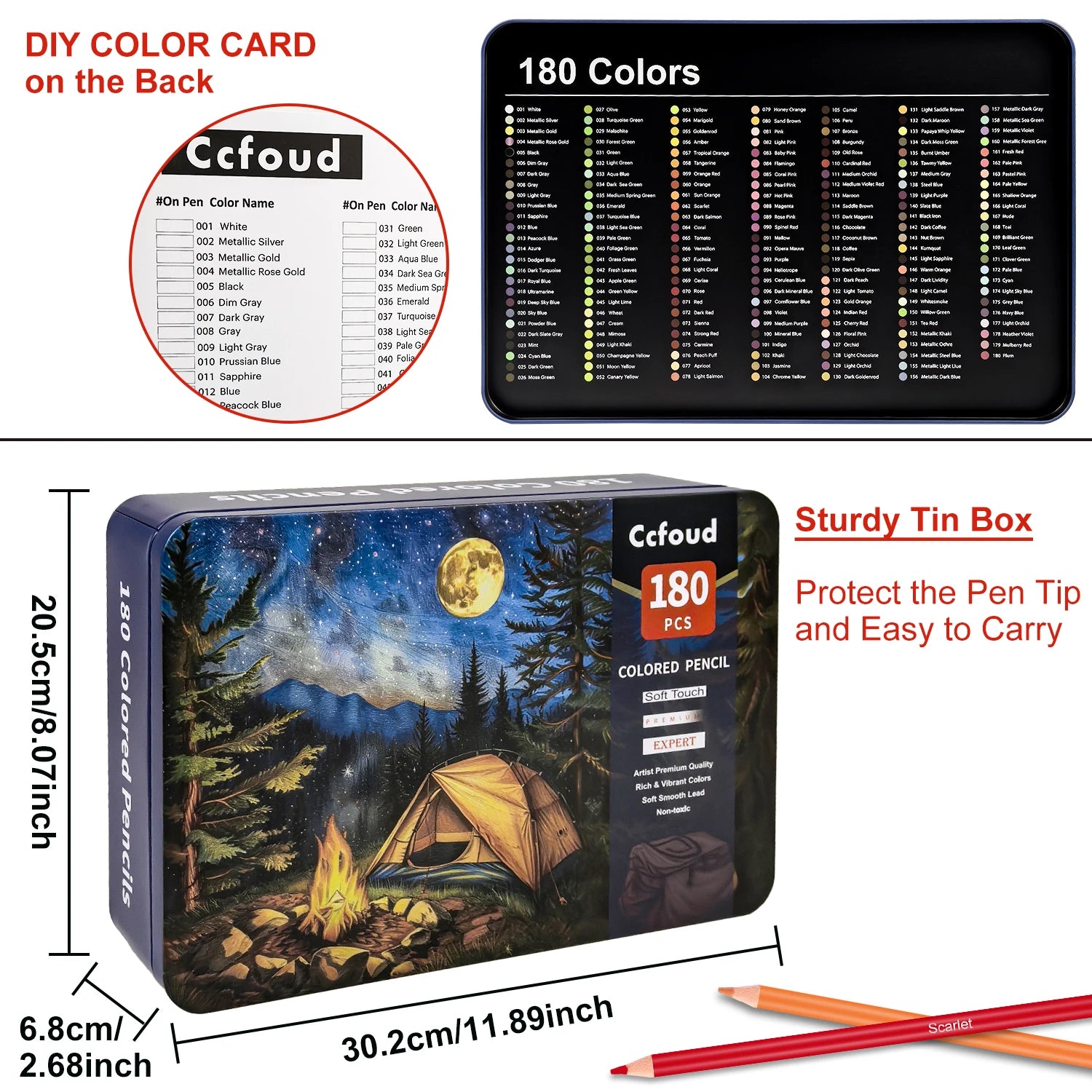 180 colored pencils soft core professional numbered art drawing for sketching shading blending crafting,tin case