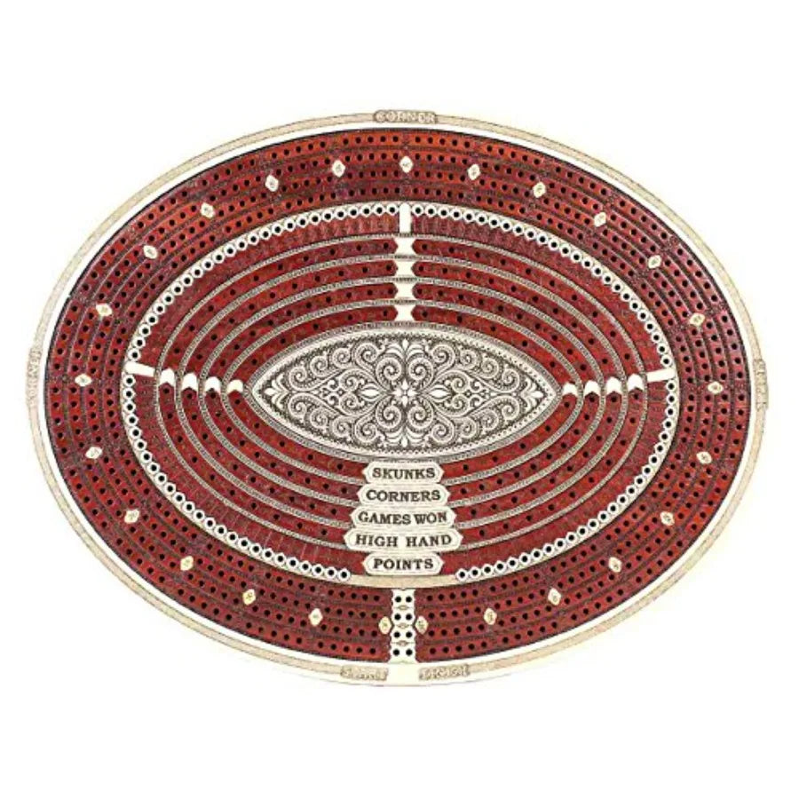 Oval shape 4 tracks continuous cribbage board and box in bloodwood maple with place for skunks corners won games high