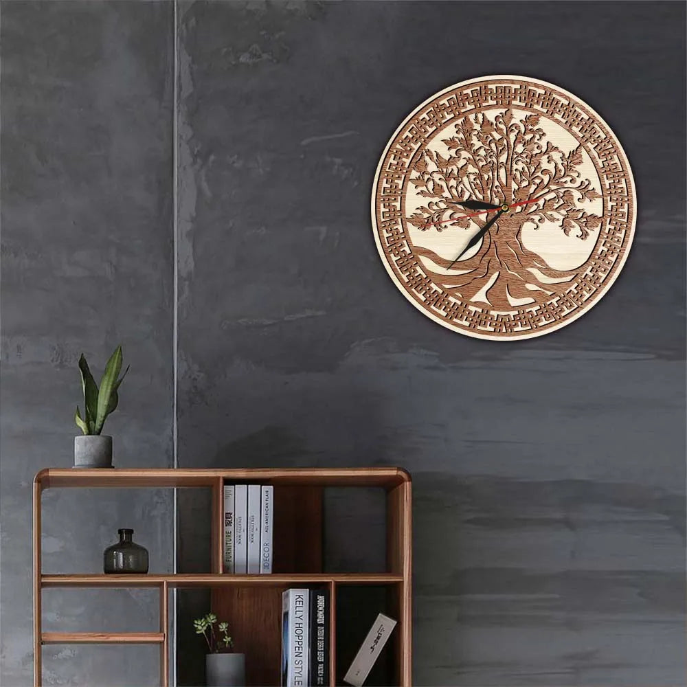 Laser cut openwork christmas tree wooden wall clock winter holidays home decor yggdrasil of life watch mediaiton gift