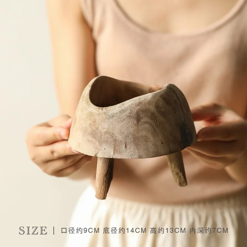 Paulownia wooden round high foot small tray snack plate retro old countryside style living room tea table sugar fruit