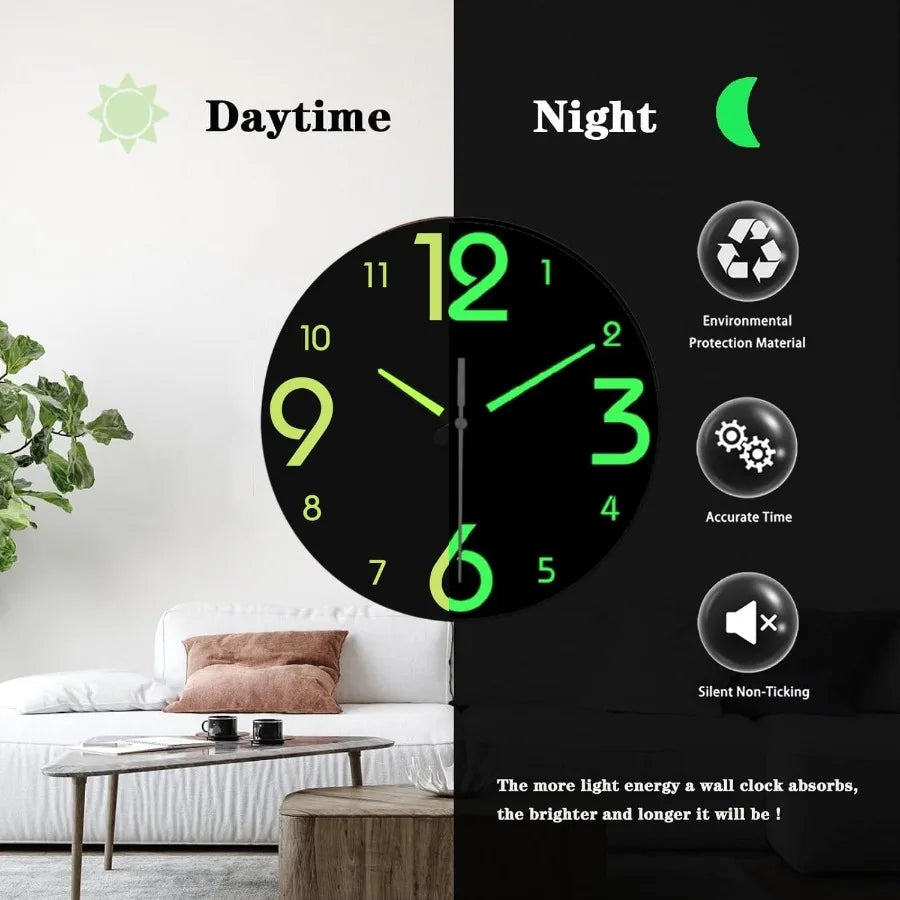 Glow in the dark clock 12 inch modern silent non ticking lumino wall clocks battery operated night light wooden