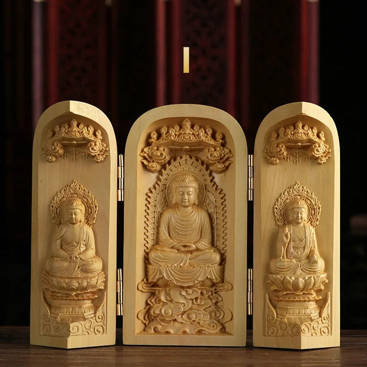 1pc exquisite boxwood carving guanyin buddha statue western sansheng wood crafts home decoration - religious (buddhist)