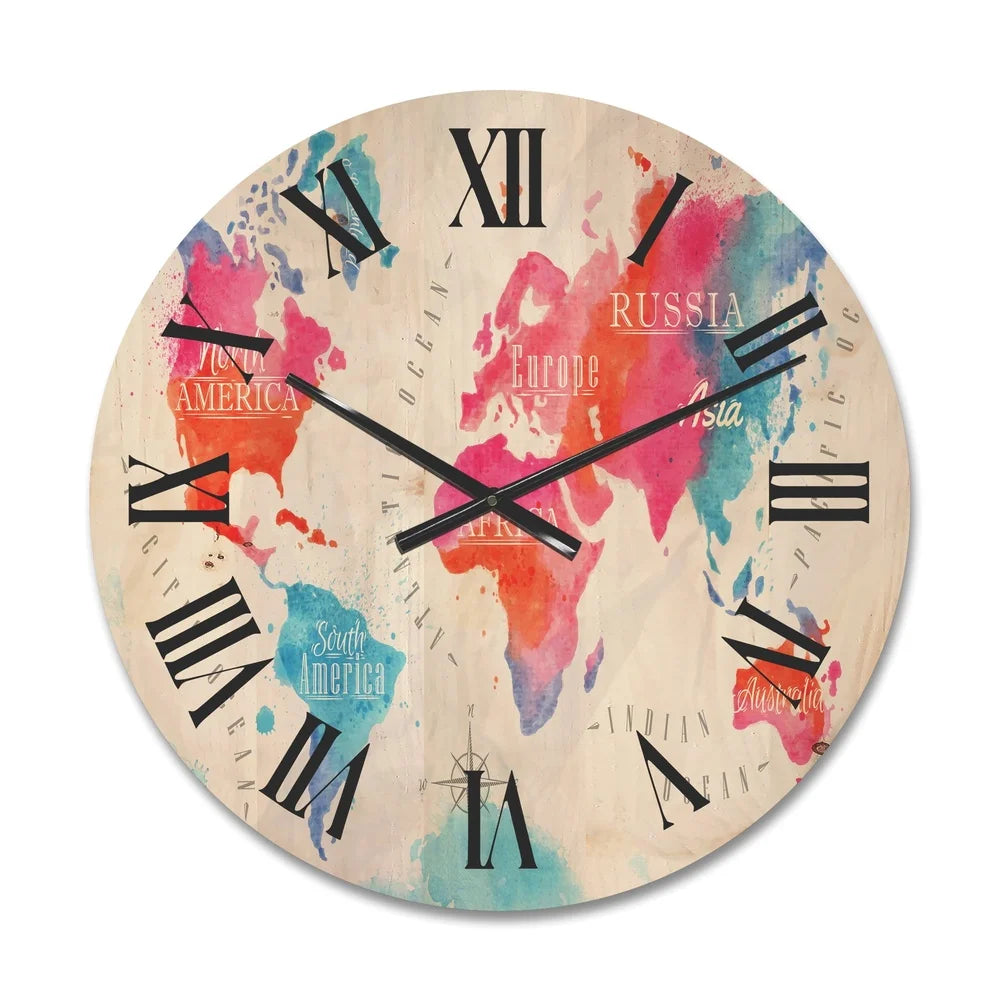Modern wood wall clock world map art unique design home office decor ready to hang natural pine battery included