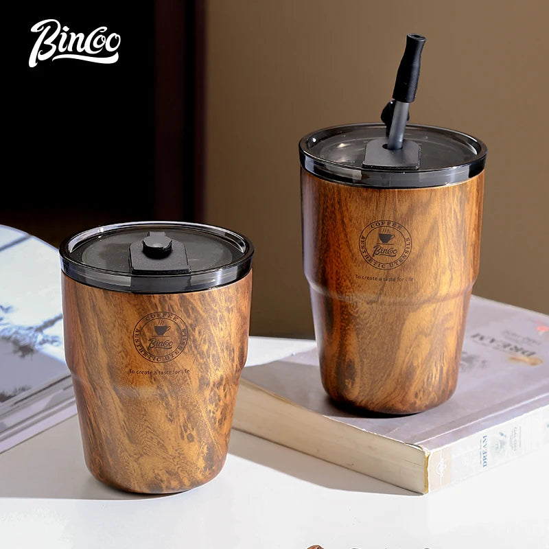 Bincoo wood grain coffee mug american style portable thermal cup retro stainless steel water for home and office