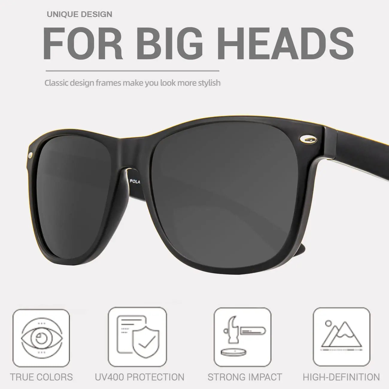 Juli polarized sunglasses for big heads men&women,uv 400 protection wood grain frame 8809 - a1 black-gray / china