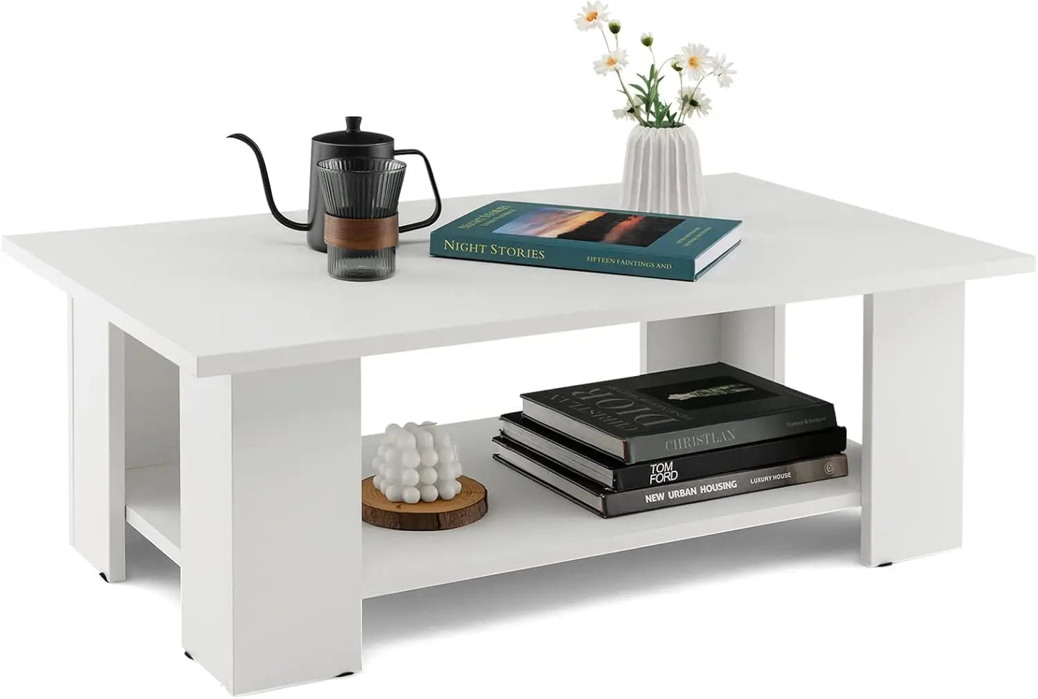 2-tier coffee table modern rectangular center cocktail with 5 support legs wooden accent living room furniture - white