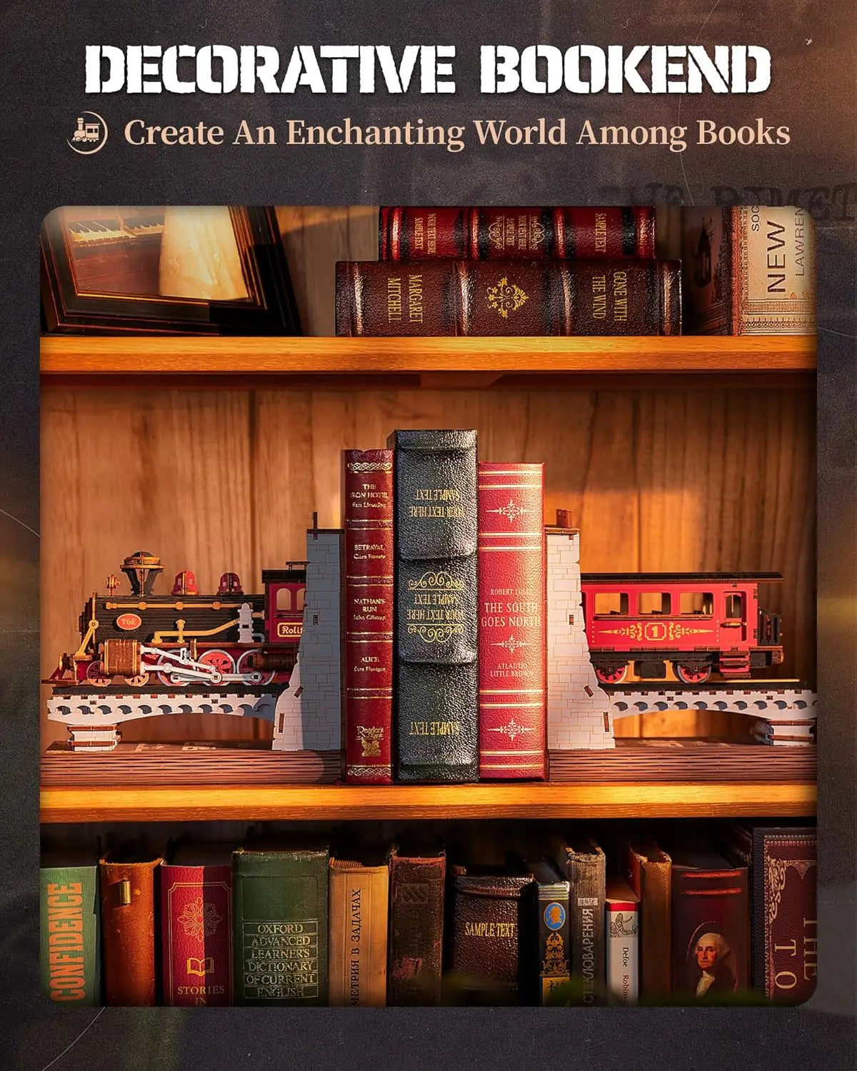 Robotime rolife wooden vintage train kit 3d puzzles diy book nook kit decorative bookends 6.5’’ for adults gifts boys