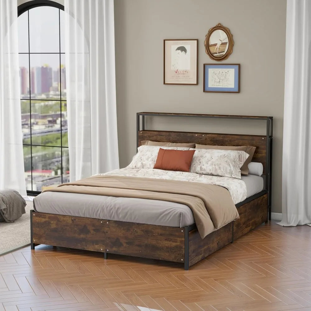 Modern queen size bed frame with 4 storage drawers - industrial metal & solid wood platform sturdy space-saving