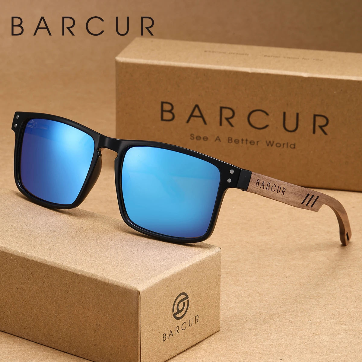 Barcur men wooden mirror foot sunglasses travel self driving beach photography polarized box frame women glasses gift