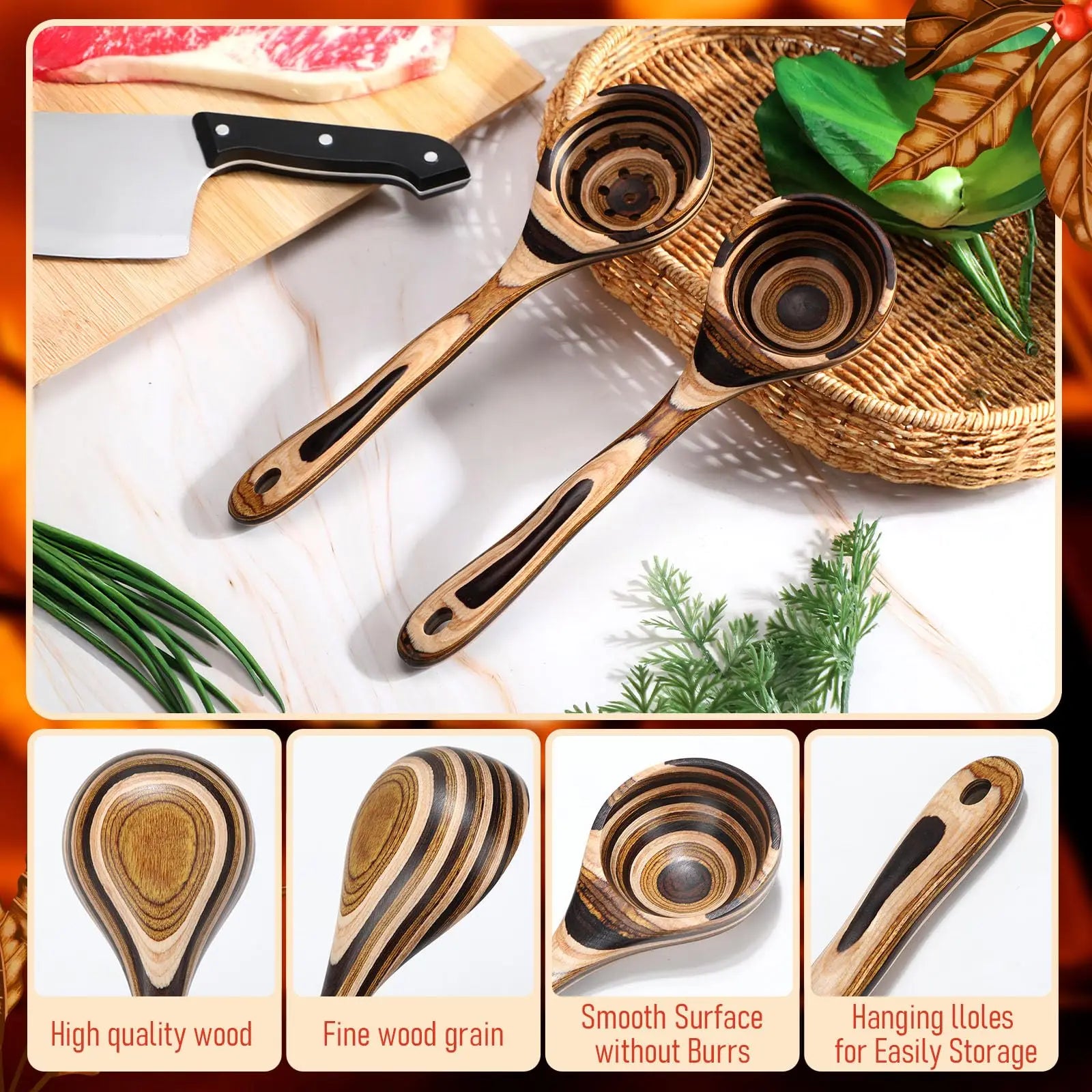 Ik kitchen utensils 7pcs pakkawood cooking set wooden spoons for wood spatula with non-slip handle