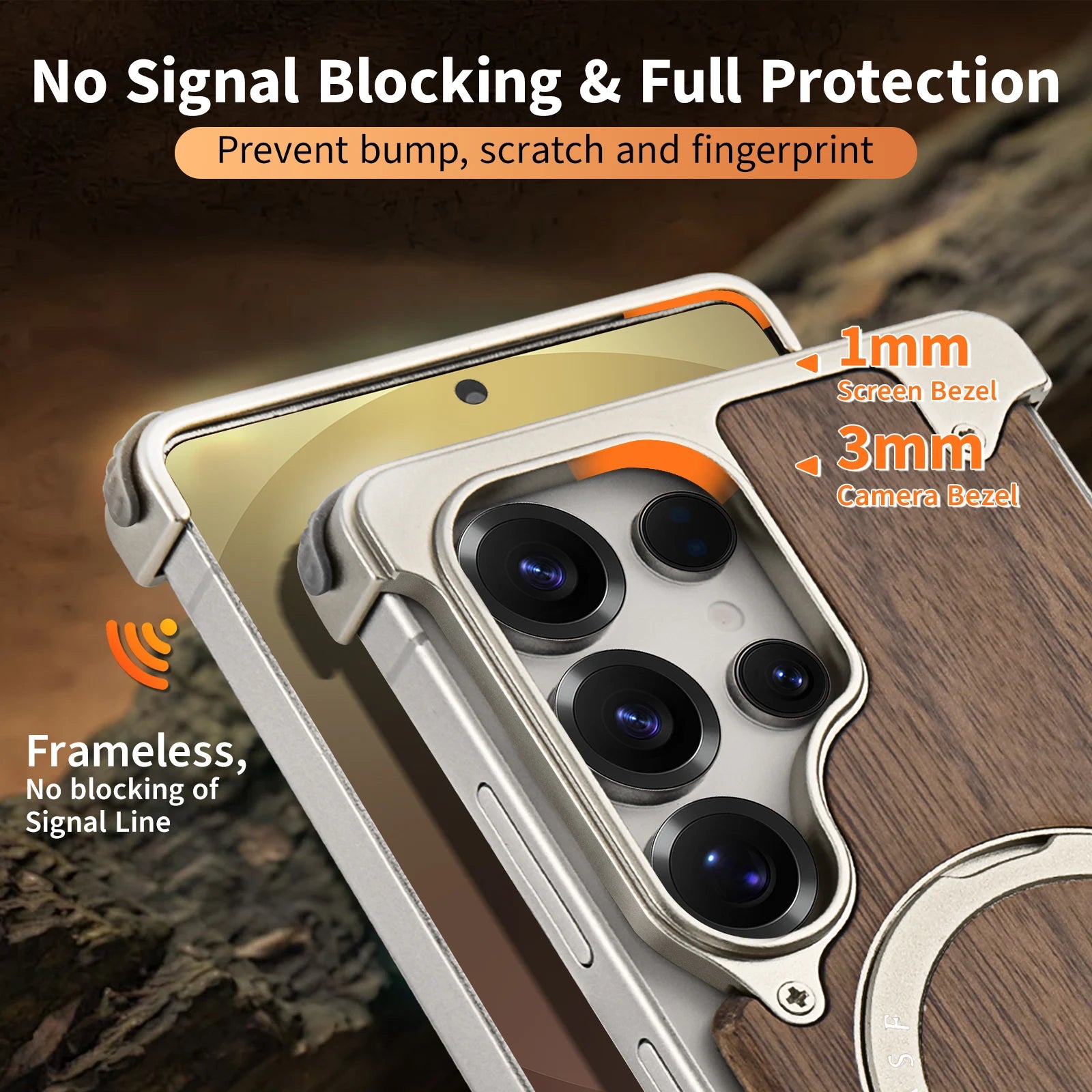 Oatsbasf wood phone case for samsung galaxy s25 s24 ultra with stand 360° rotatable magsafe bumper bezel-less