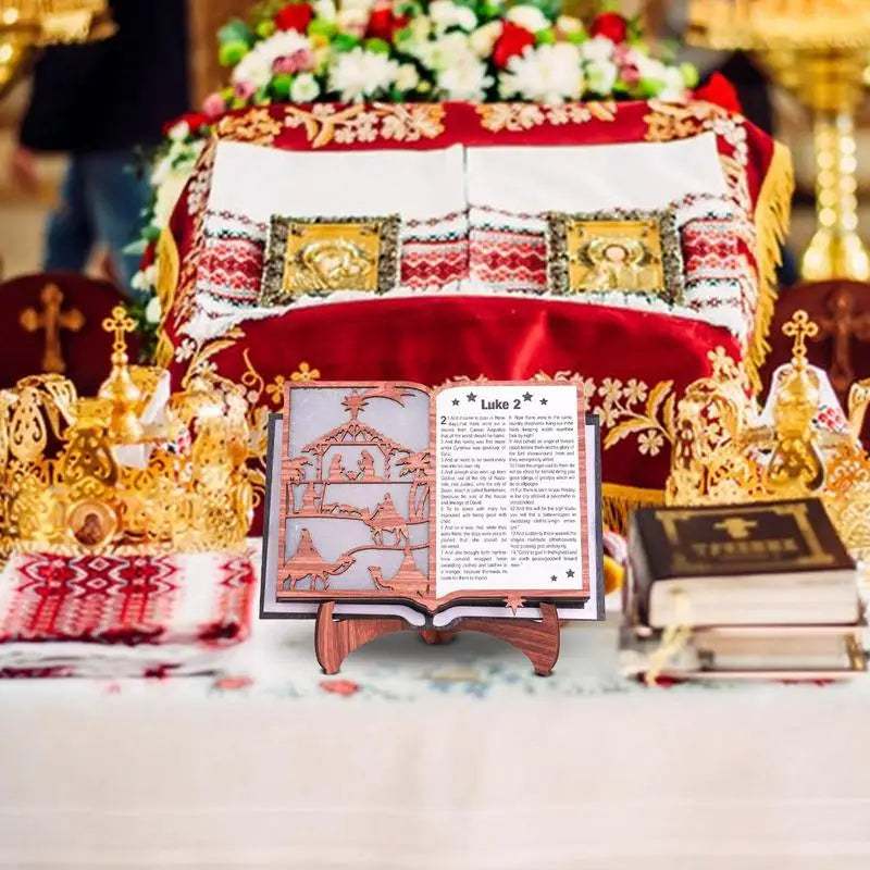 Christmas nativity scene figurine wood stand book bible with led light wooden home creative art craft festive