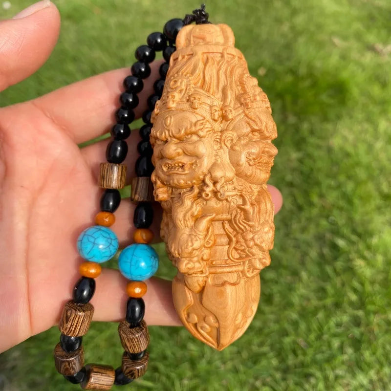 Hand carved cypress wooden multi face vajra phurpa pendant charm - buddhist ritual tool portable piece car hanging gift