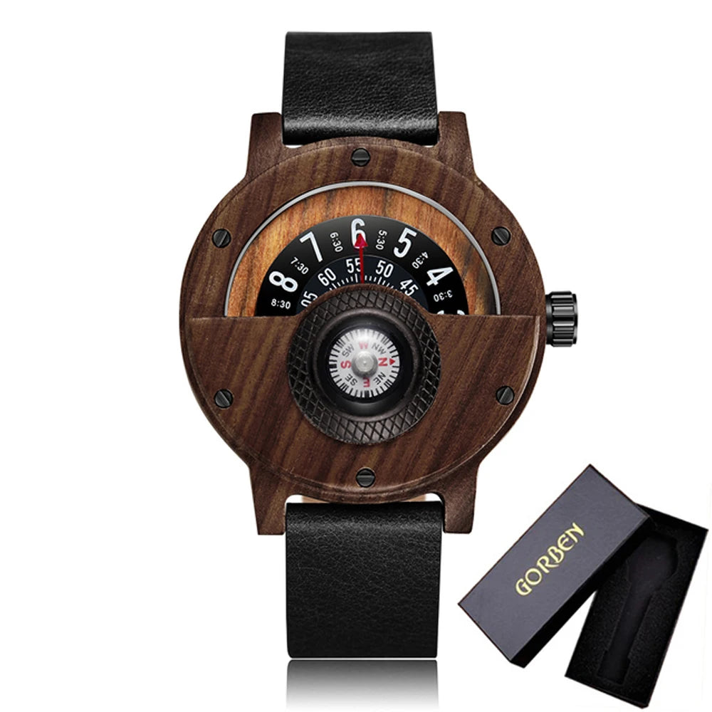 Natural wood watch men’s rotary table compass dial real walnut ebony bamboo brown concept quartz - w209-1 with box