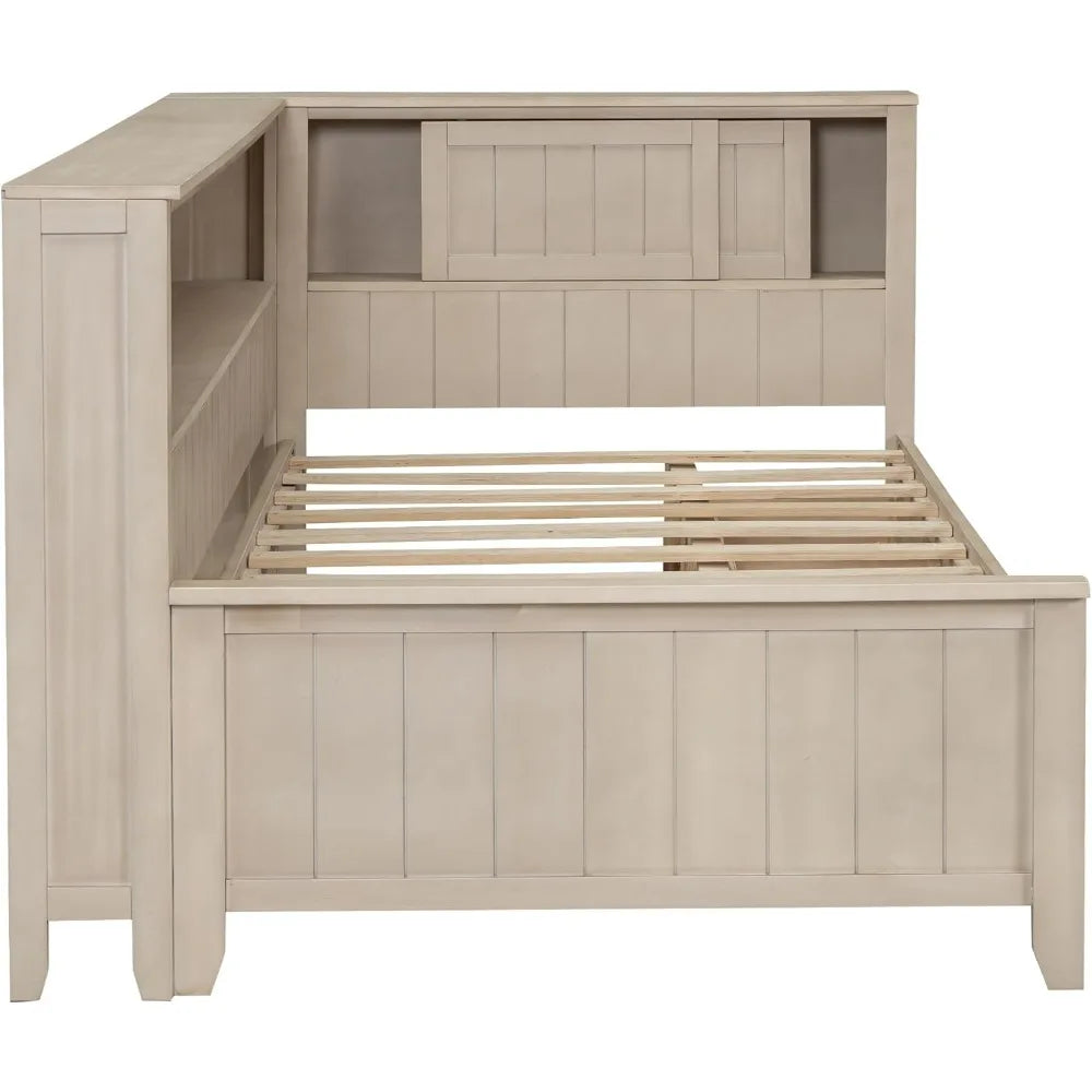 Twin daybed with bookcase headboard and storage drawers - wooden platform bed frame shelves - antique white milk