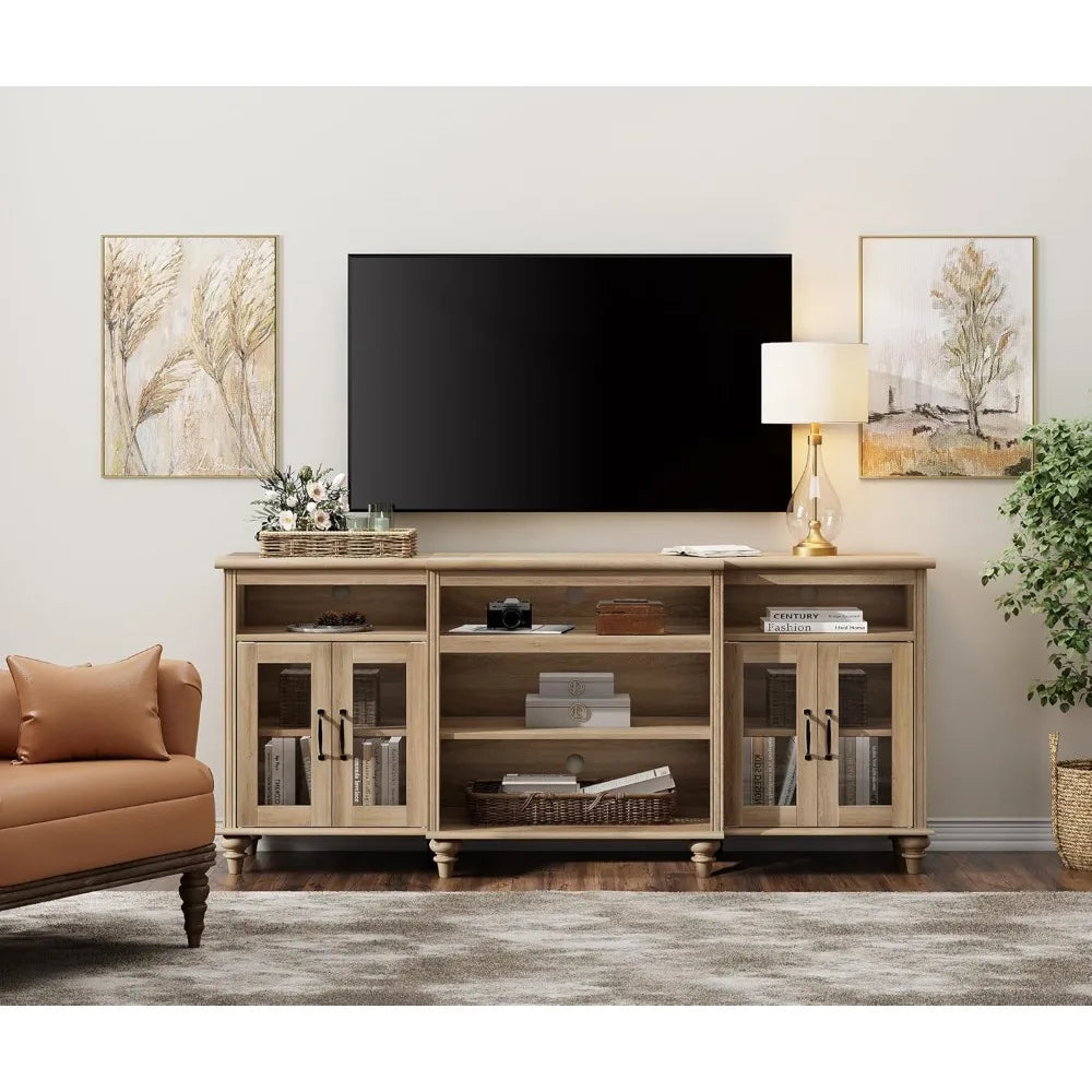Farmhouse tv stand for tvs up to 75 inch 4-door glass and wood universal console with 9 storage cabinets oak enterta